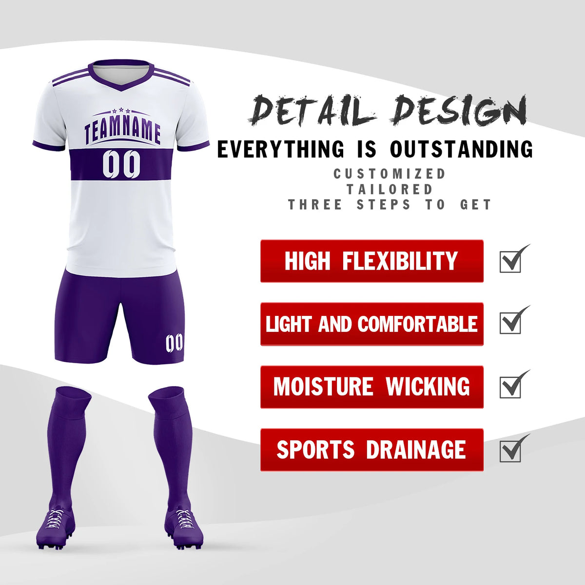 Custom White Purple Breathable Soccer Sets Jersey