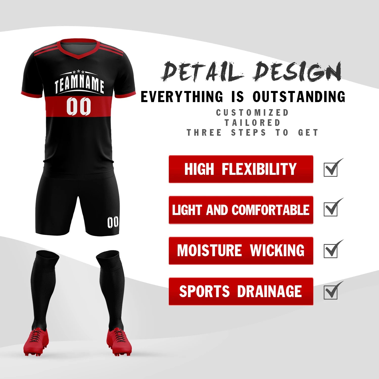 Custom Black Black Breathable Soccer Sets Jersey