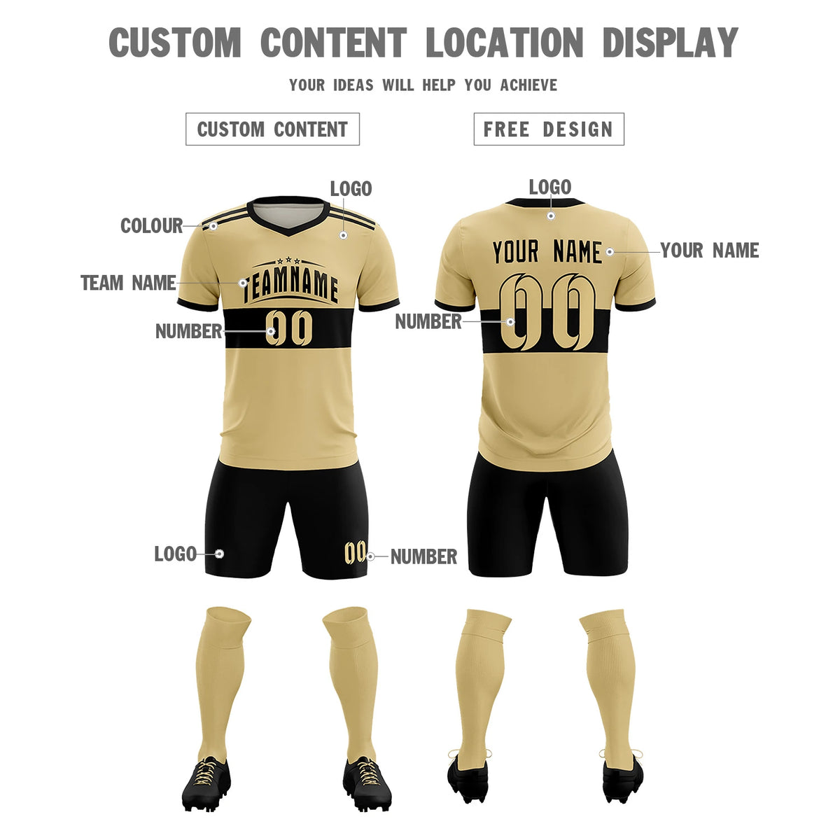 Custom Khaki Black Breathable Soccer Sets Jersey