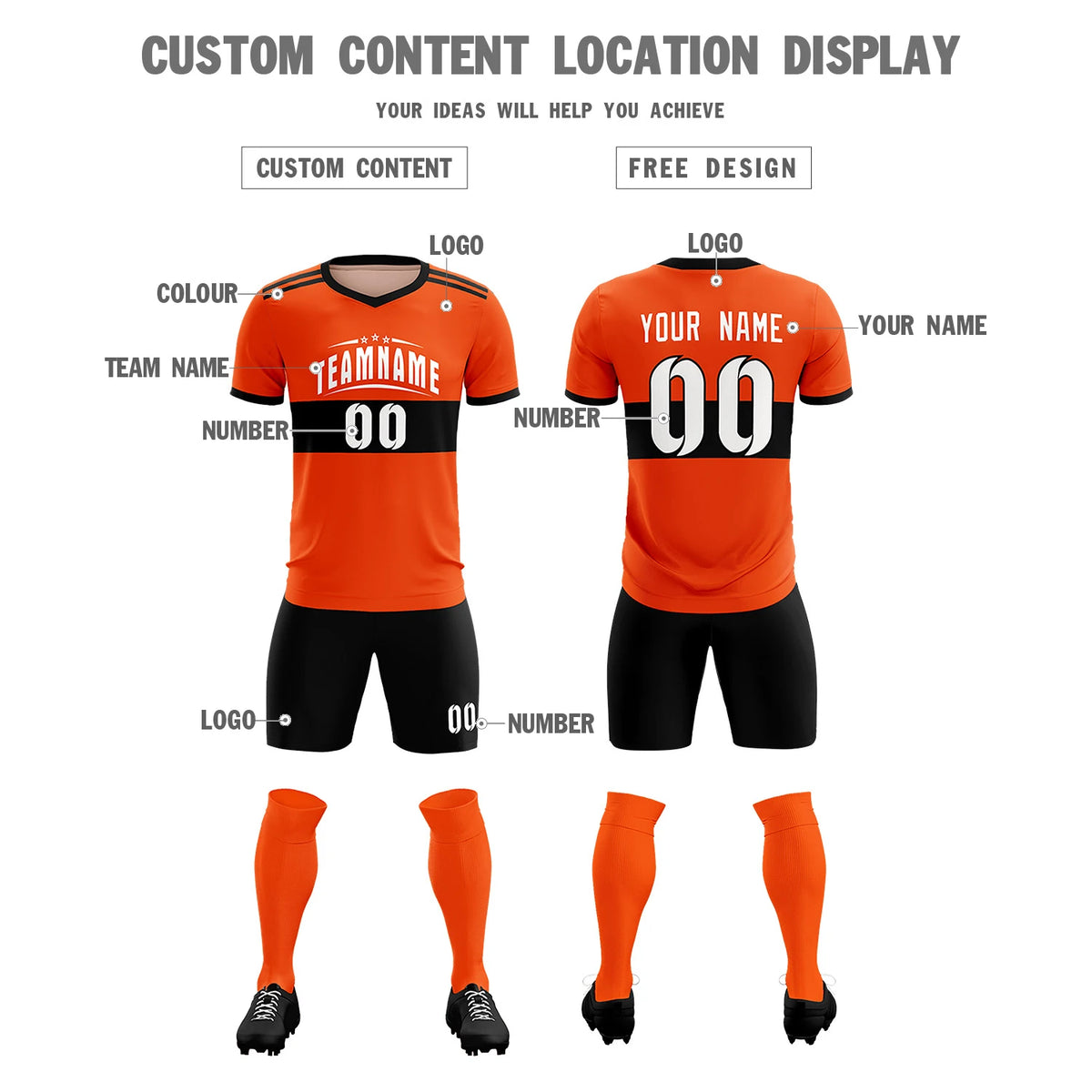Custom Orange Black Breathable Soccer Sets Jersey