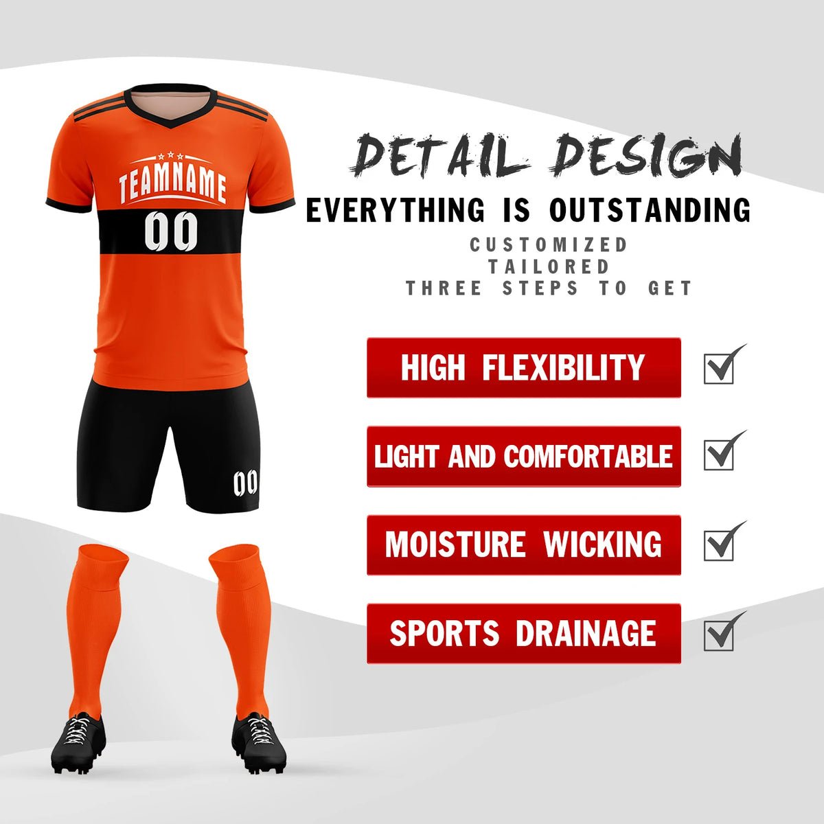 Custom Orange Black Breathable Soccer Sets Jersey