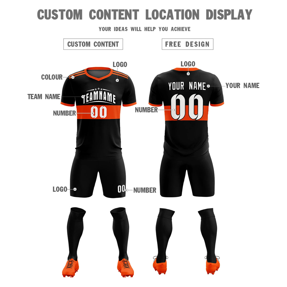 Custom Black Orange Breathable Soccer Sets Jersey