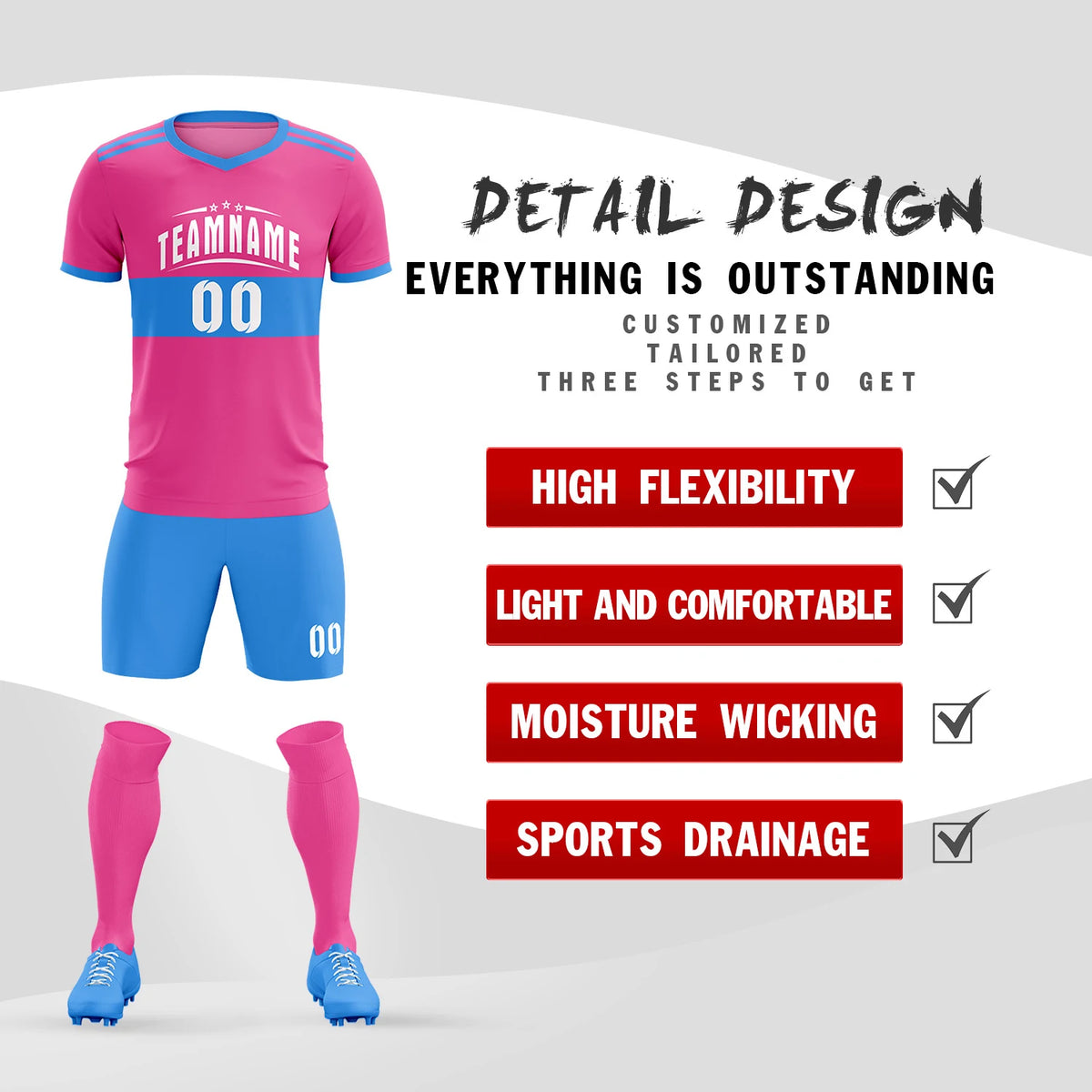 Custom Pink-Powder Blue Breathable Soccer Sets Jersey