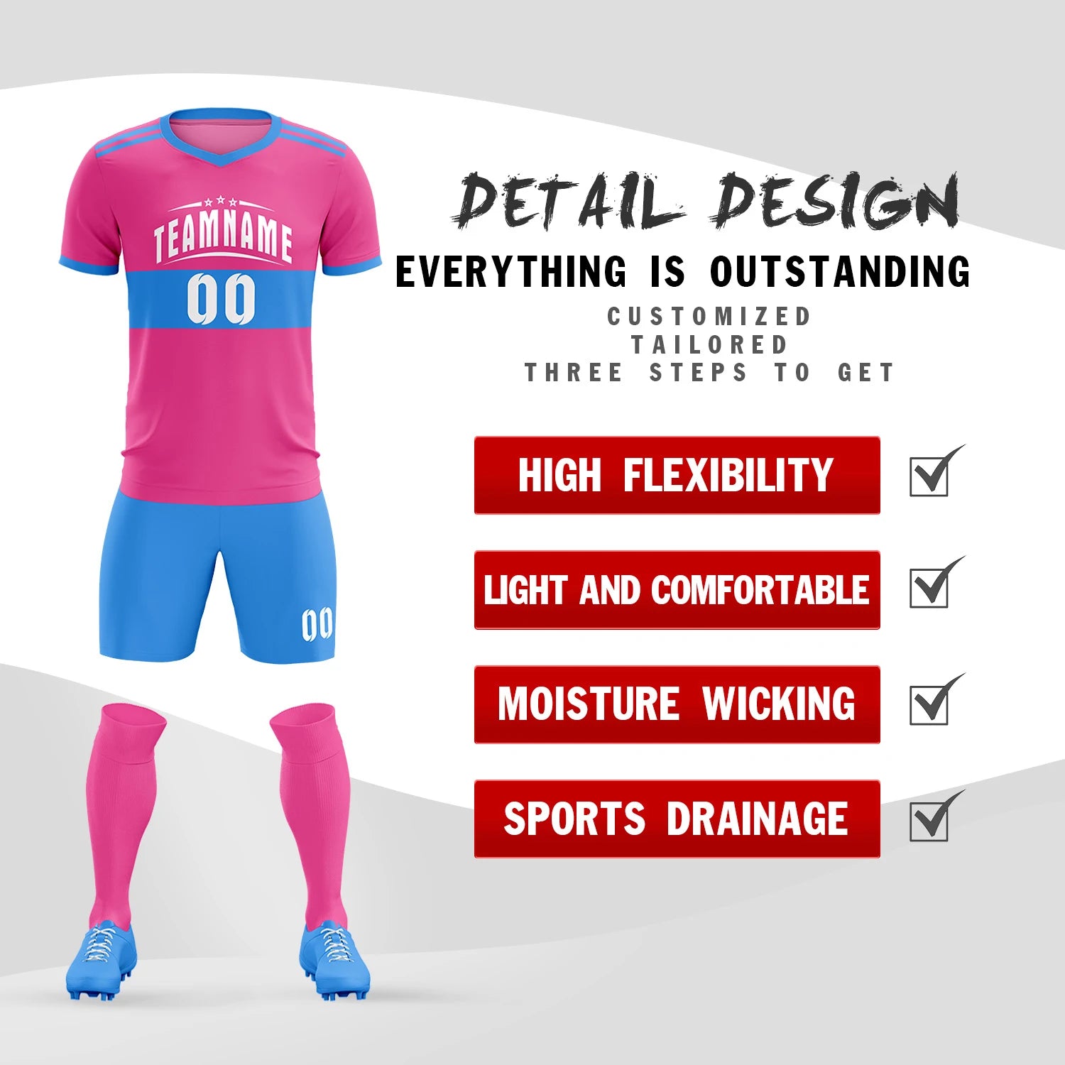 Custom Pink-Powder Blue Breathable Soccer Sets Jersey