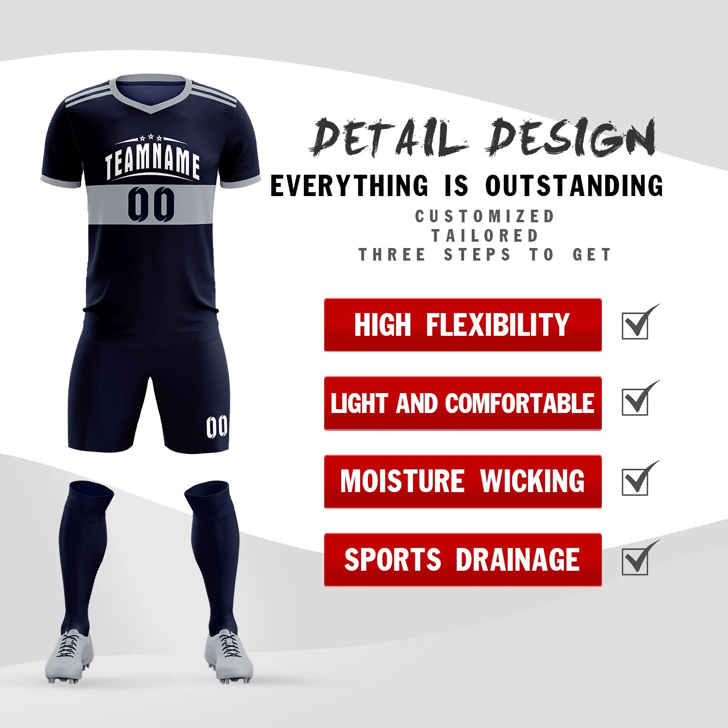 Custom Navy Gray Breathable Soccer Sets Jersey