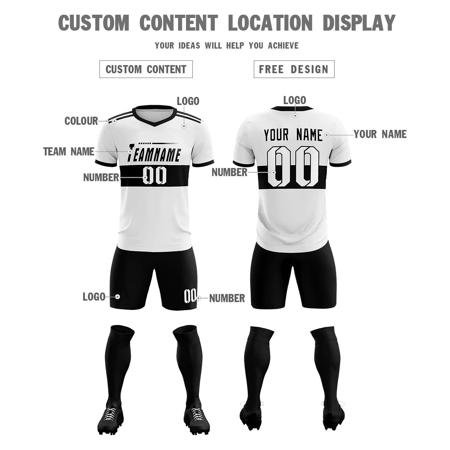Custom White Black Breathable Soccer Sets Jersey