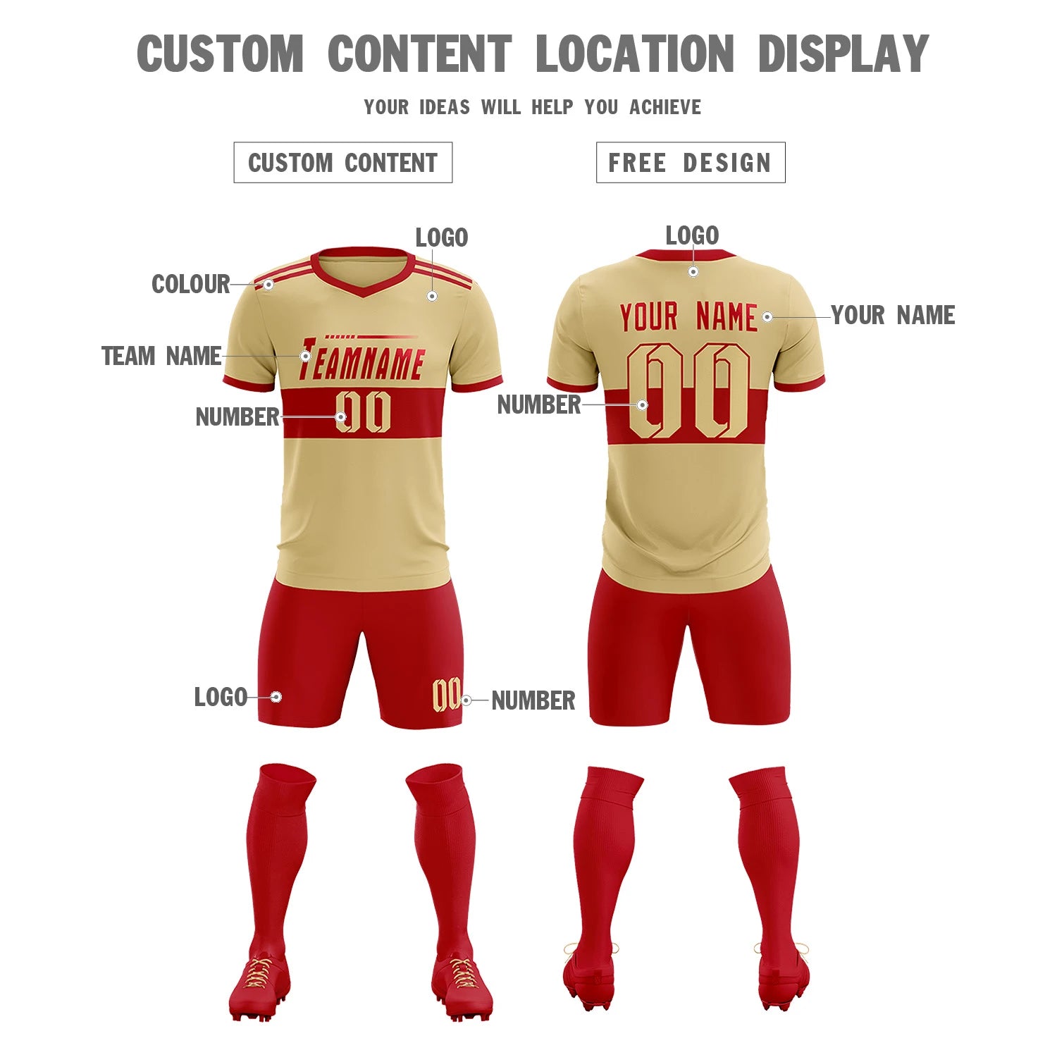 Custom Khaki Red Breathable Soccer Sets Jersey