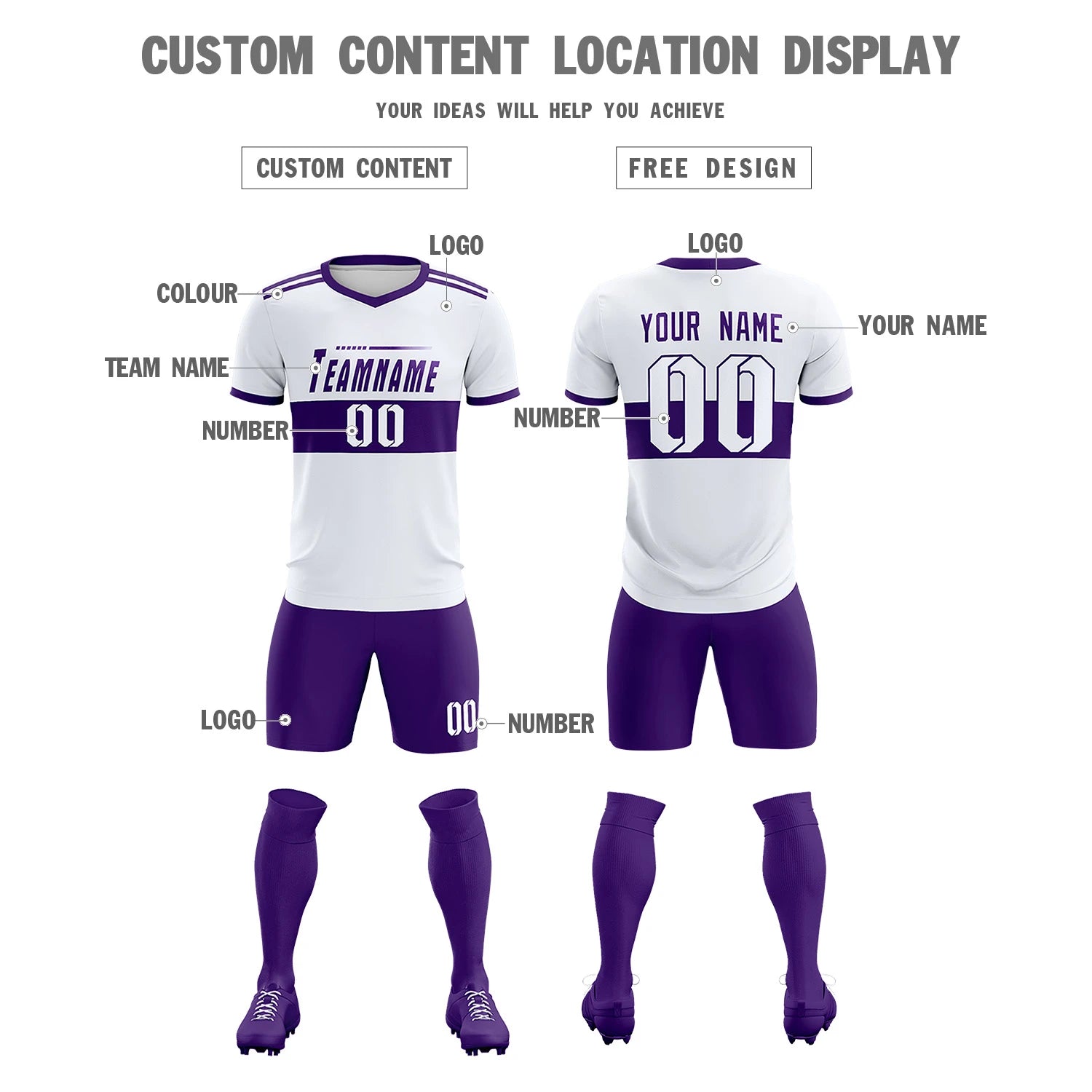 Custom White Purple Breathable Soccer Sets Jersey