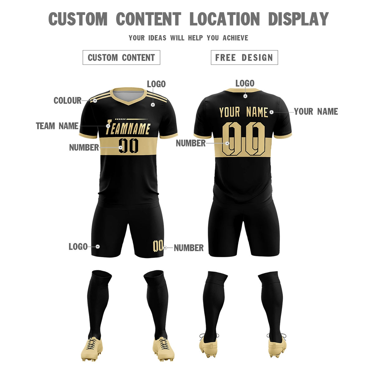 Custom Black Khaki Breathable Soccer Sets Jersey