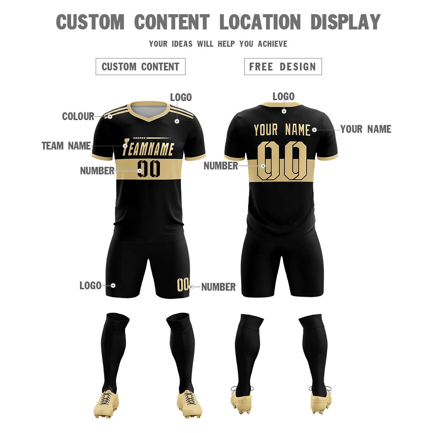 Custom Black Khaki Breathable Soccer Sets Jersey