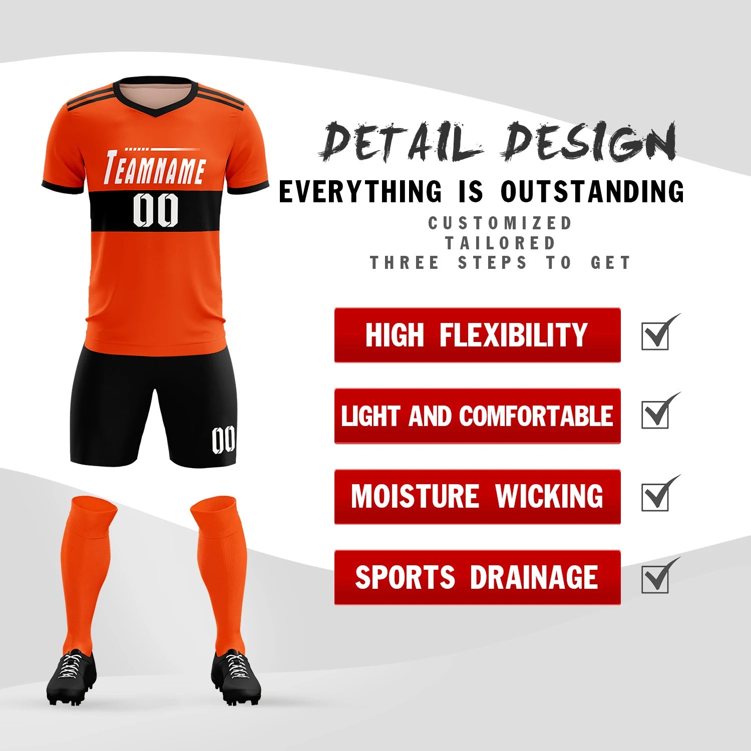 Custom Orange Black Breathable Soccer Sets Jersey