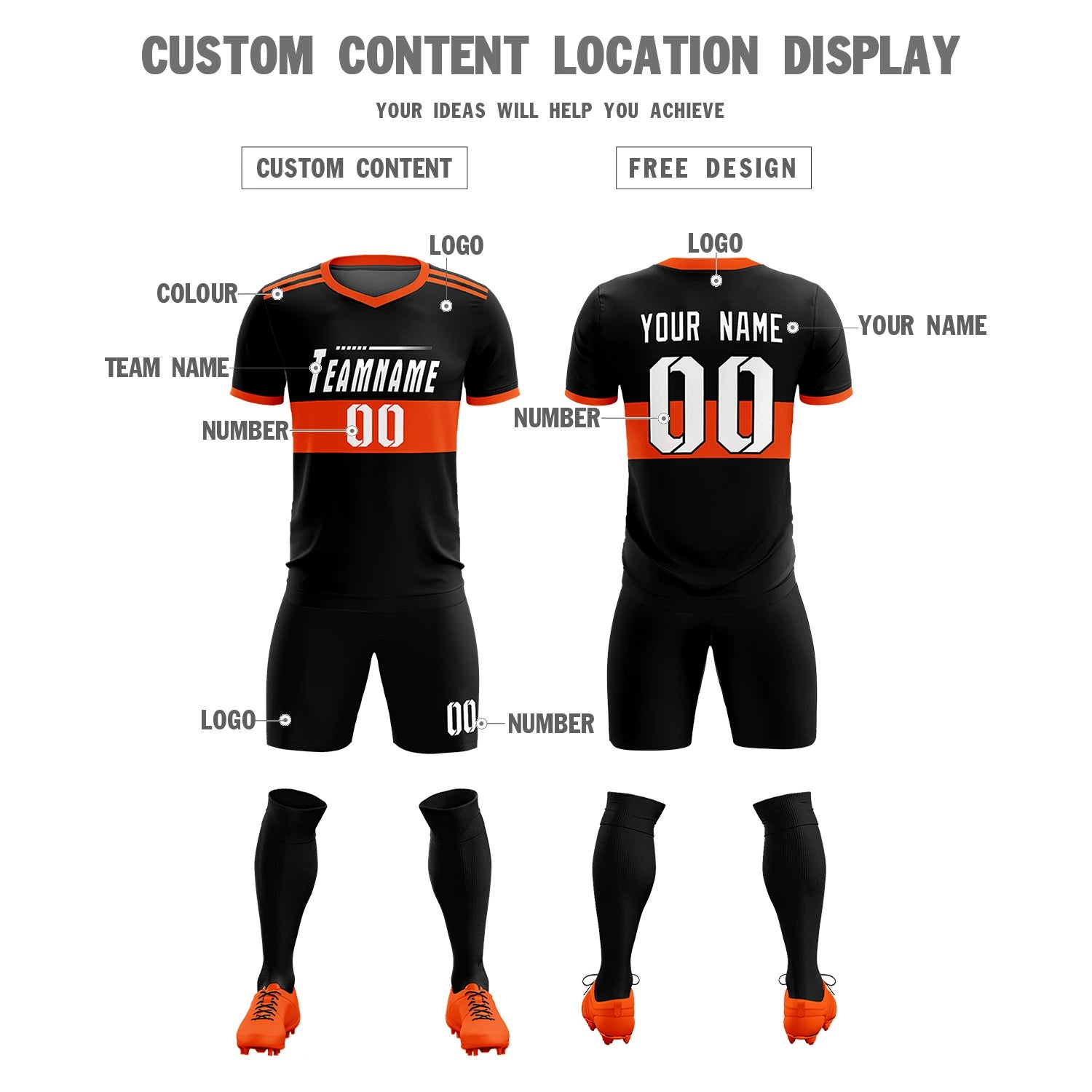 Custom Black Orange Breathable Soccer Sets Jersey