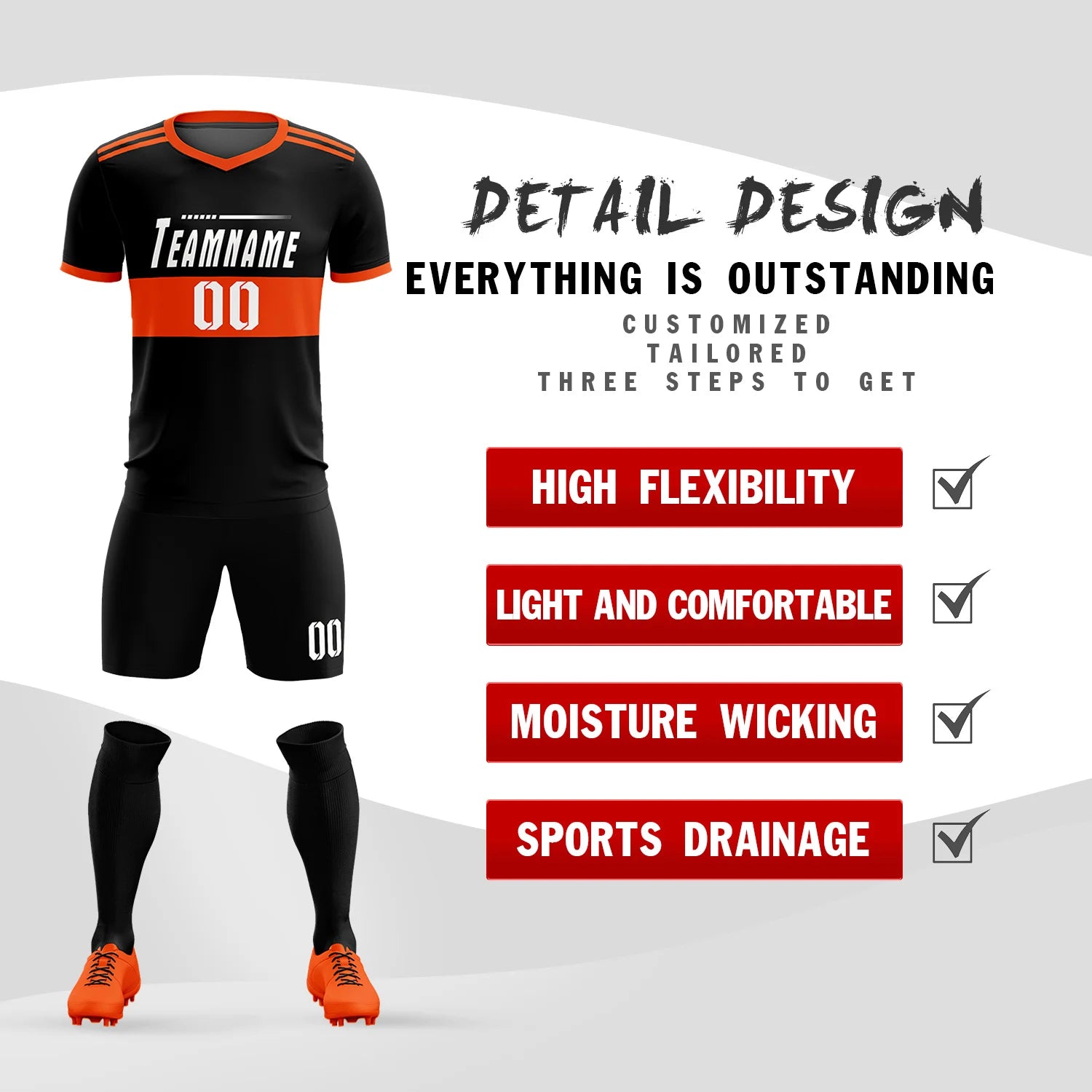 Custom Black Orange Breathable Soccer Sets Jersey