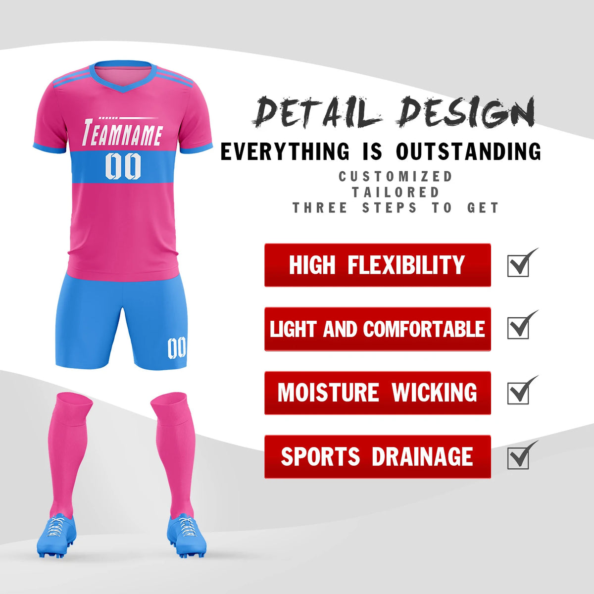 Custom Pink-Powder Blue Breathable Soccer Sets Jersey