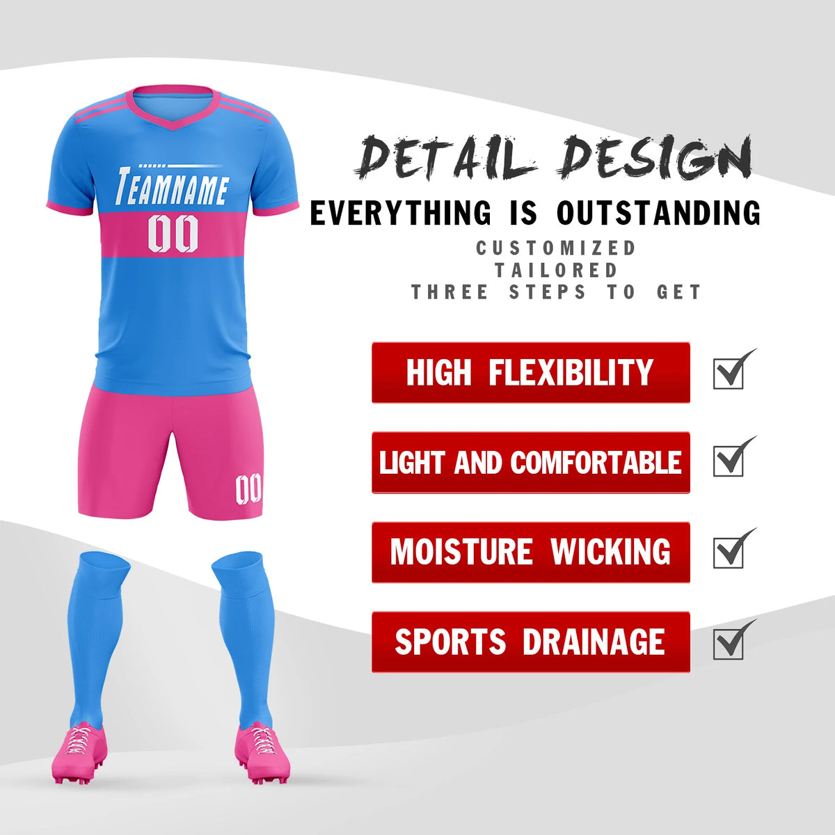 Custom Powder Blue-Pink Breathable Soccer Sets Jersey