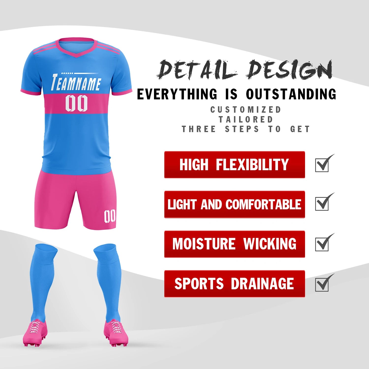 Custom Powder Blue-Pink Breathable Soccer Sets Jersey