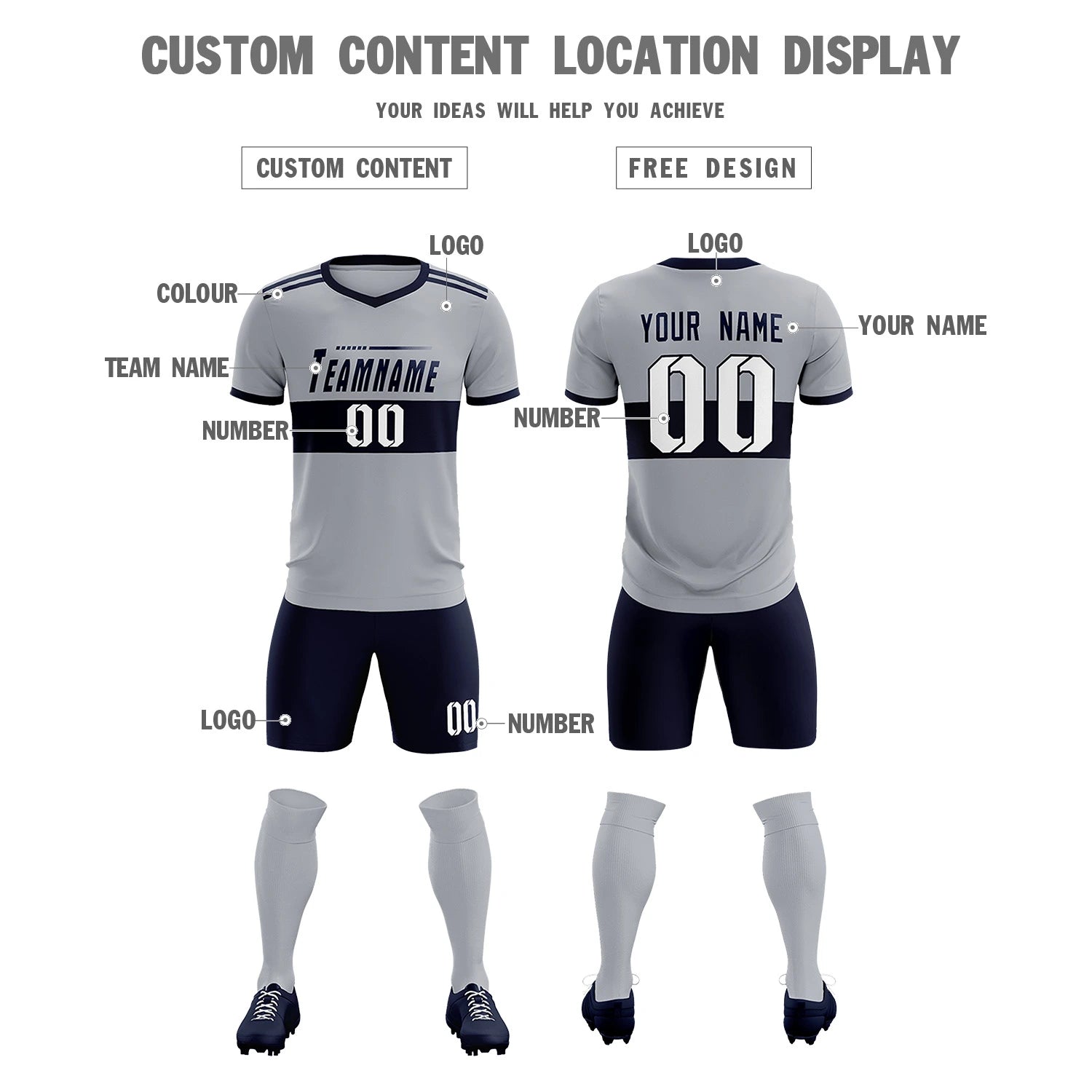 Custom Gray Navy Breathable Soccer Sets Jersey