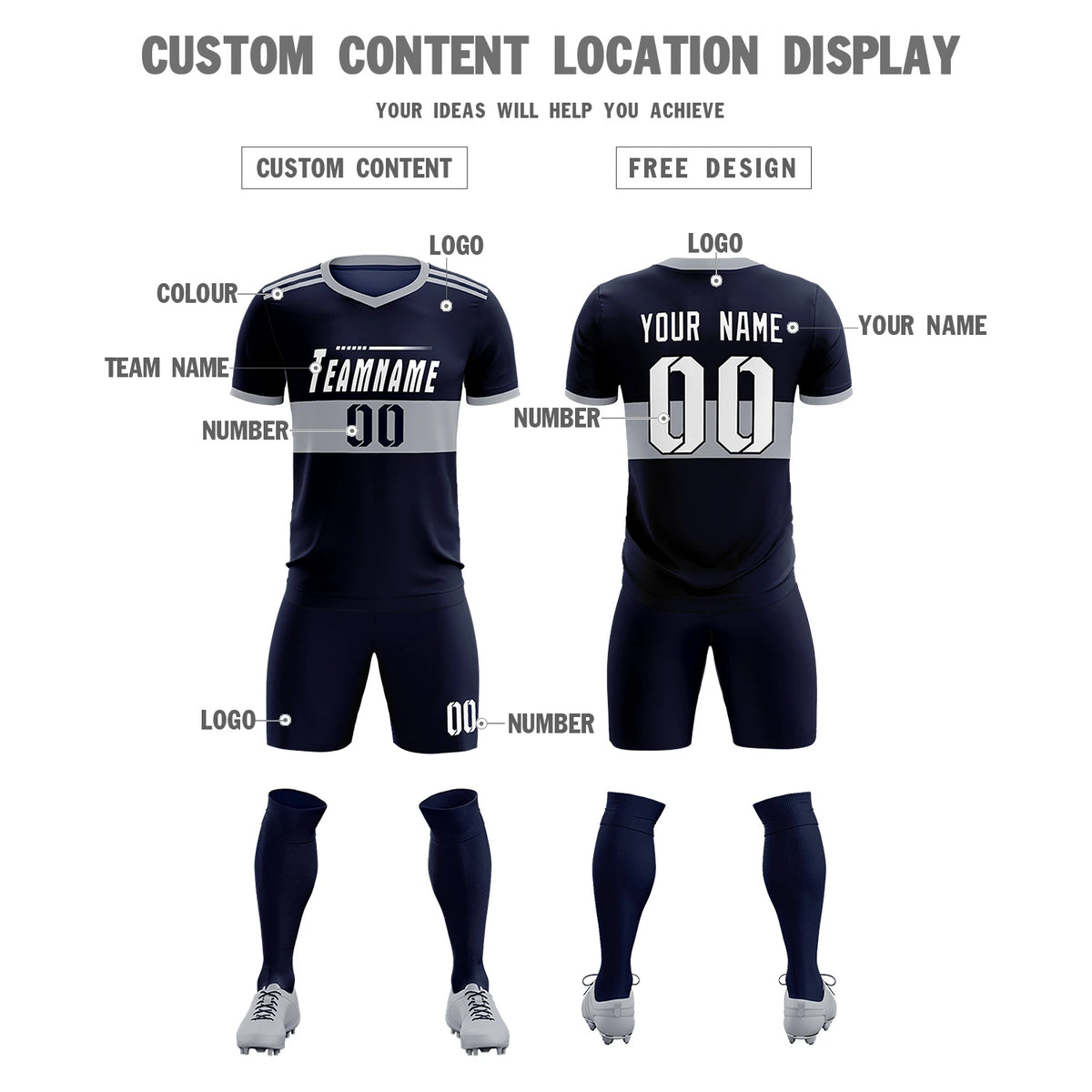 Custom Navy Gray Breathable Soccer Sets Jersey
