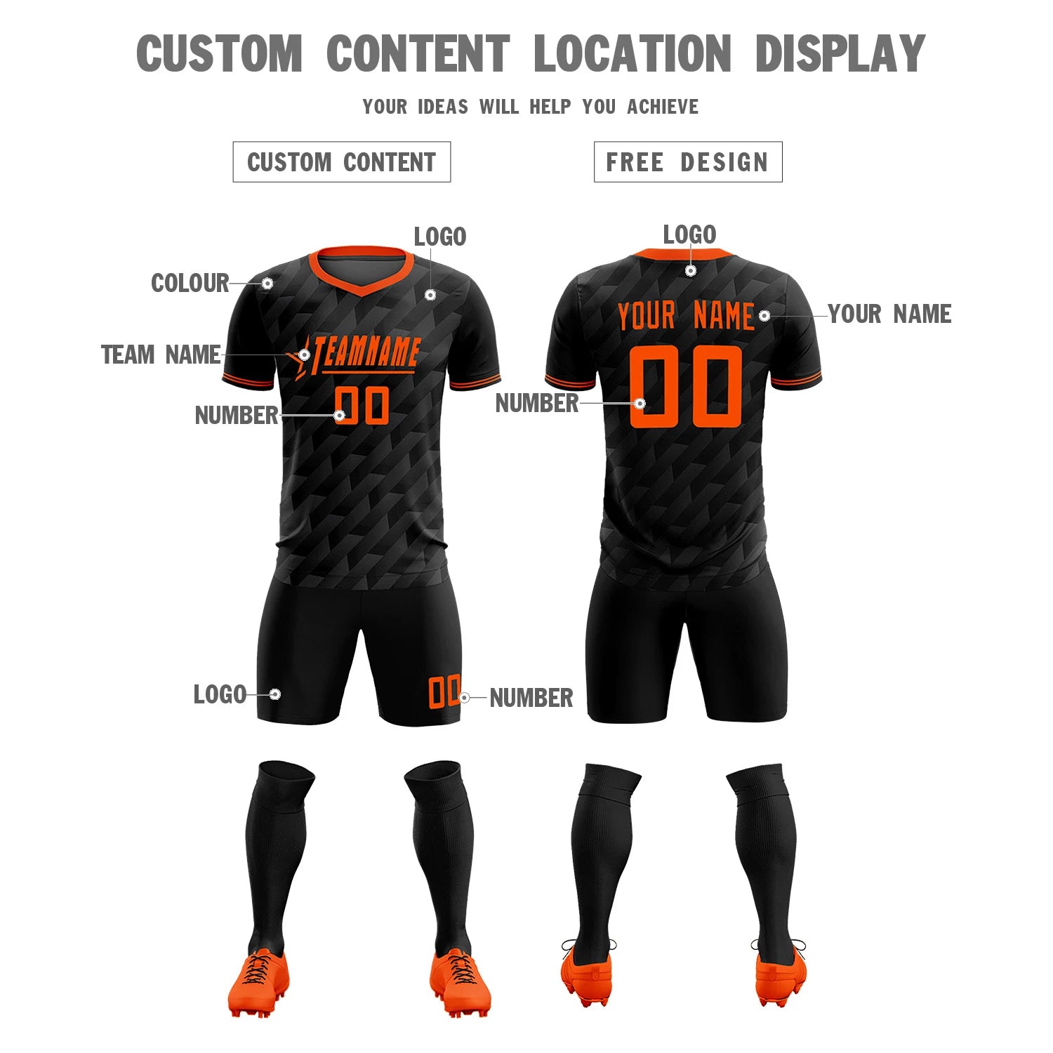 Custom Black Orange Training Uniform Soccer Sets Jersey