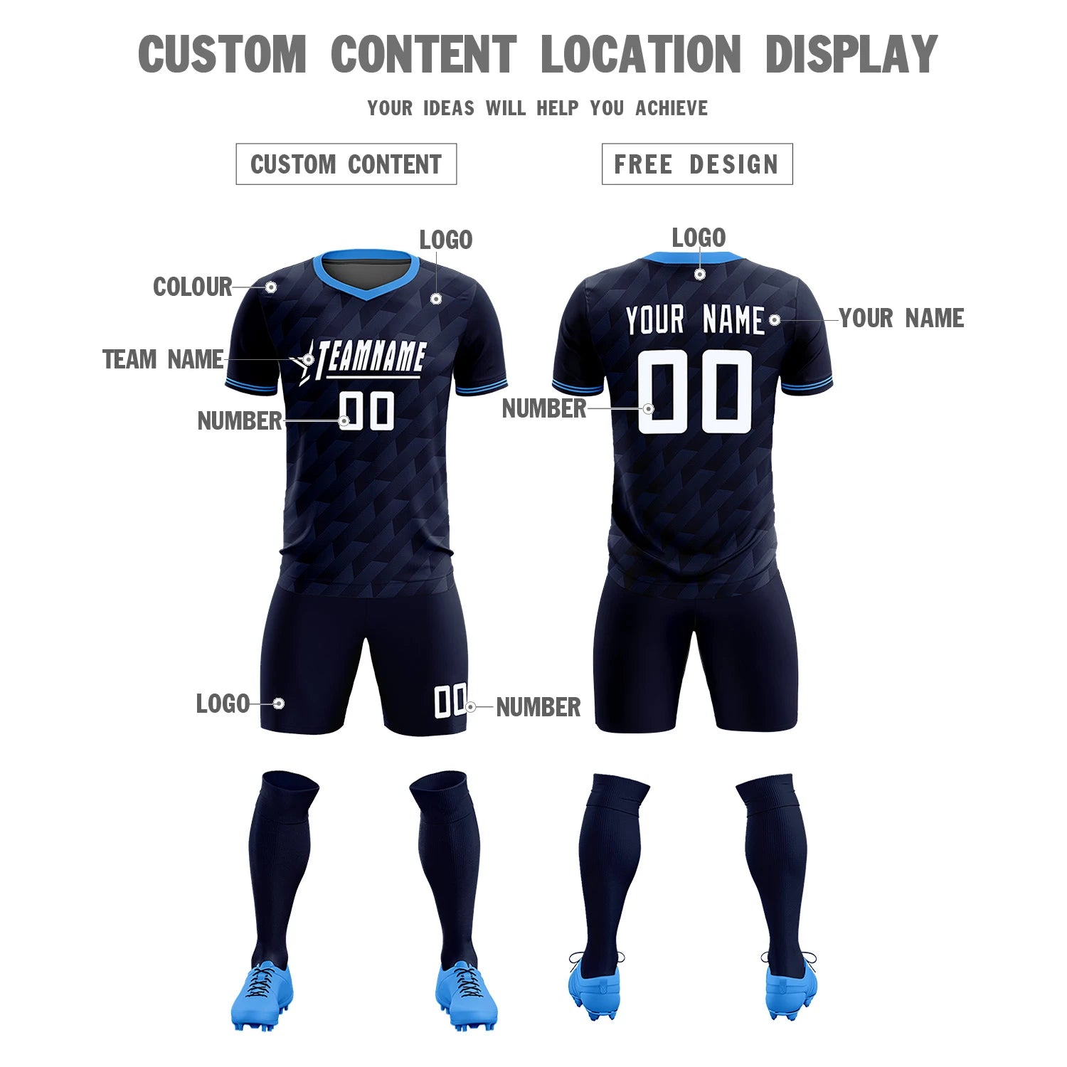 Custom Navy Powder Blue Training Uniform Soccer Sets Jersey
