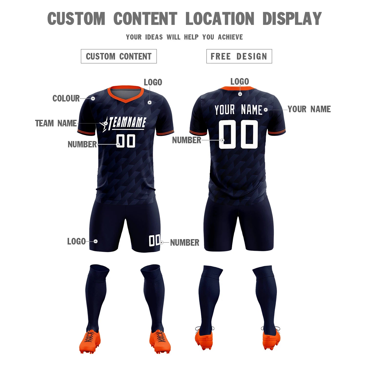 Custom Navy Orange Training Uniform Soccer Sets Jersey