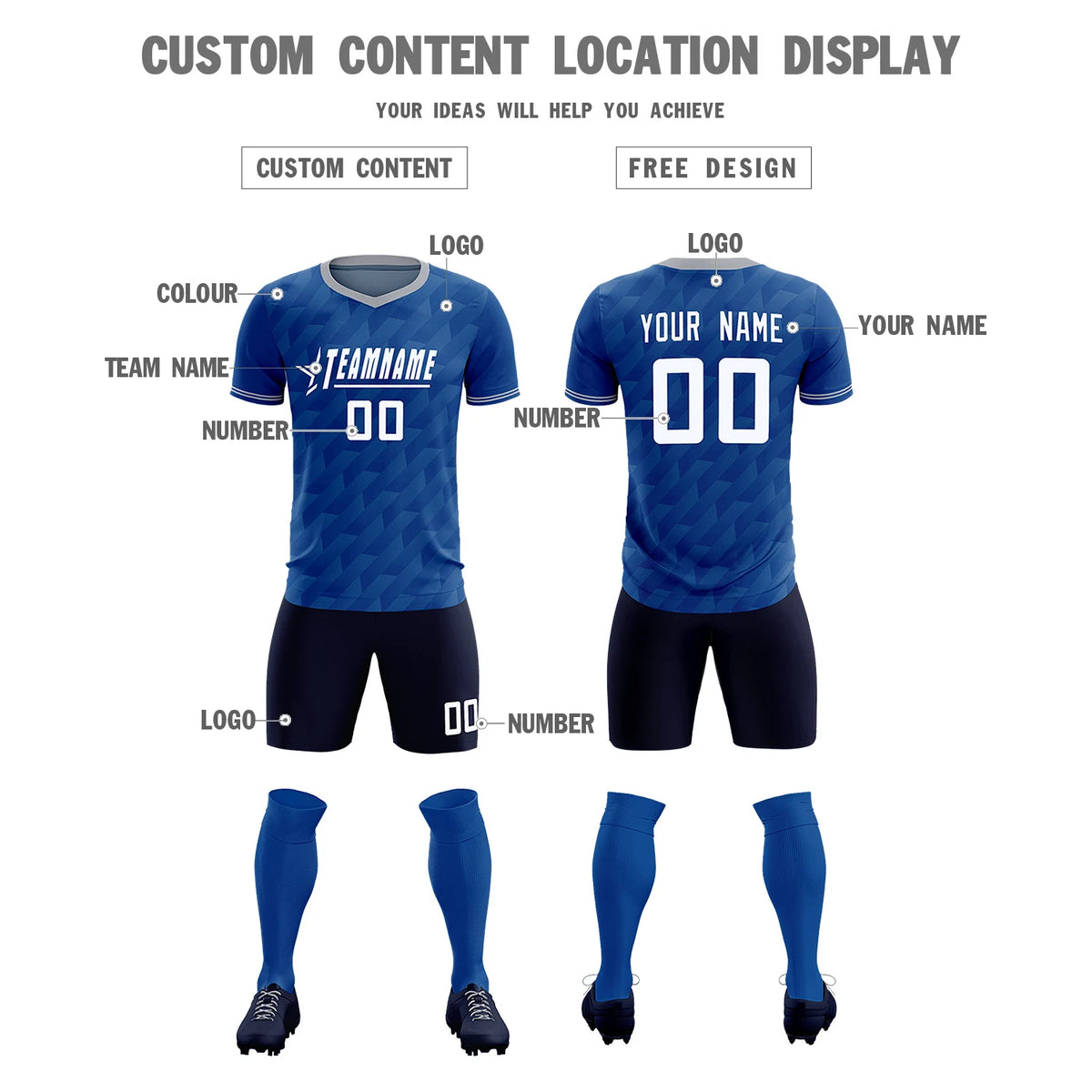 Custom Royal Blue Gray Training Uniform Soccer Sets Jersey