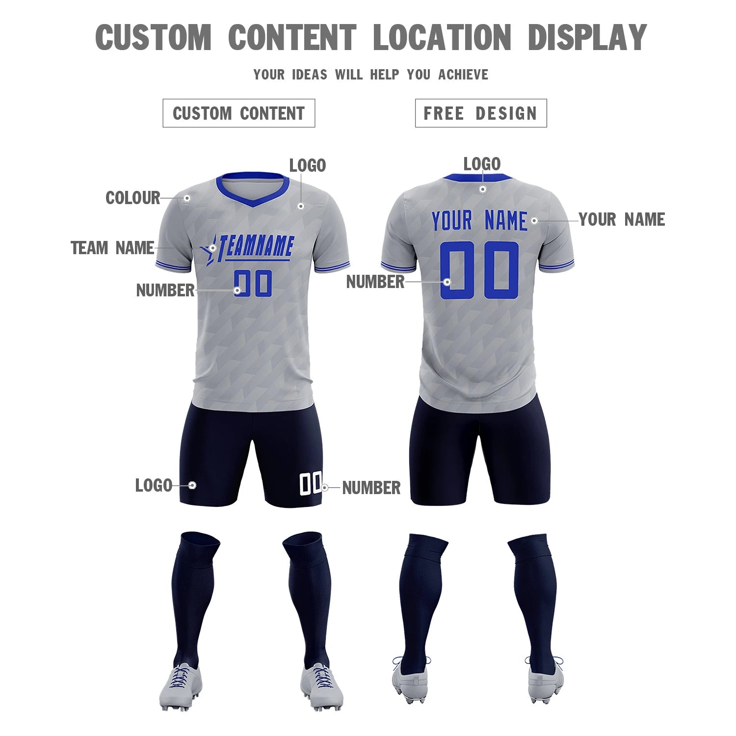 Custom Gray Royal Blue Training Uniform Soccer Sets Jersey