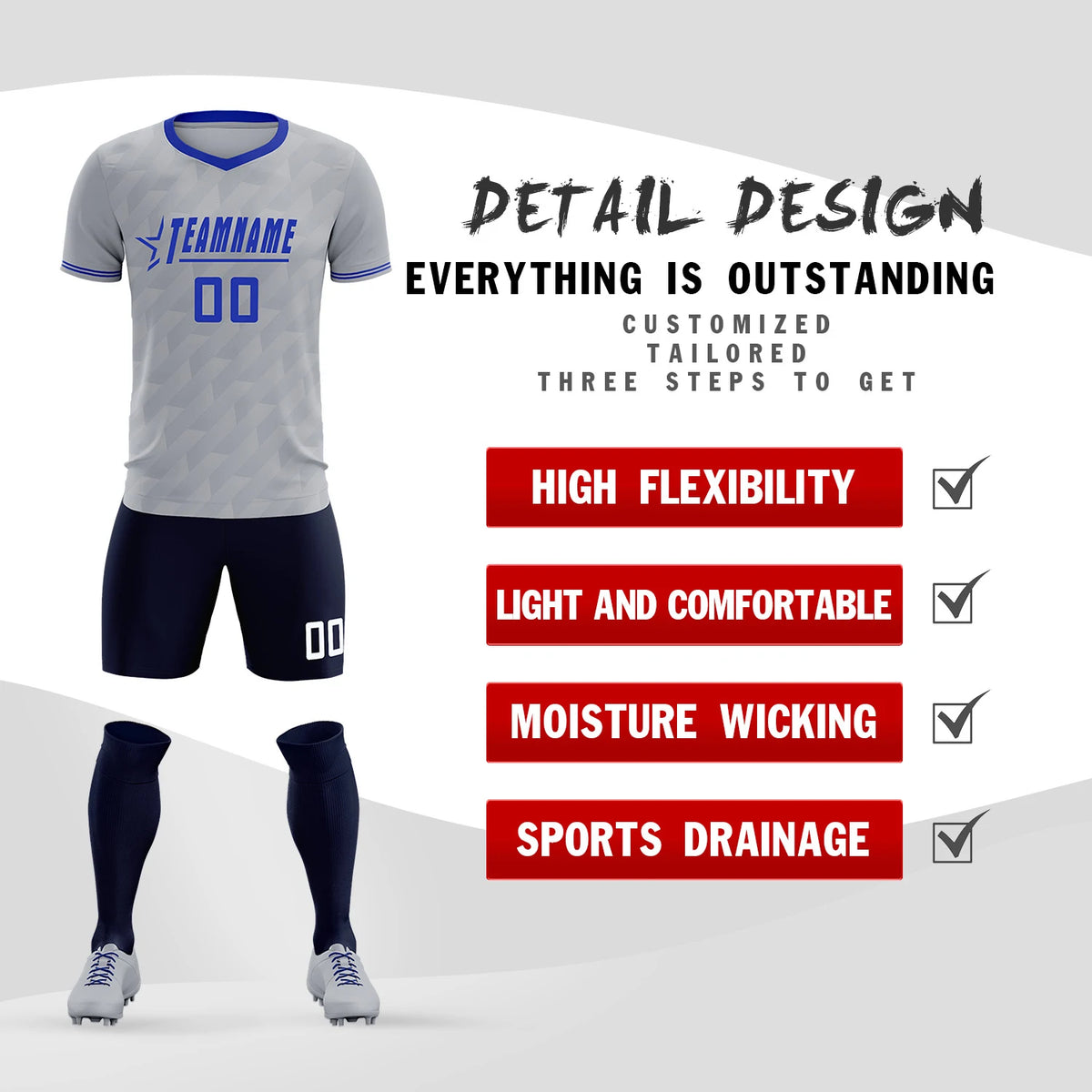 Custom Gray Royal Blue Training Uniform Soccer Sets Jersey