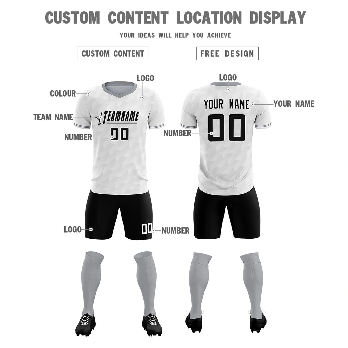 Custom White Gray Training Uniform Soccer Sets Jersey