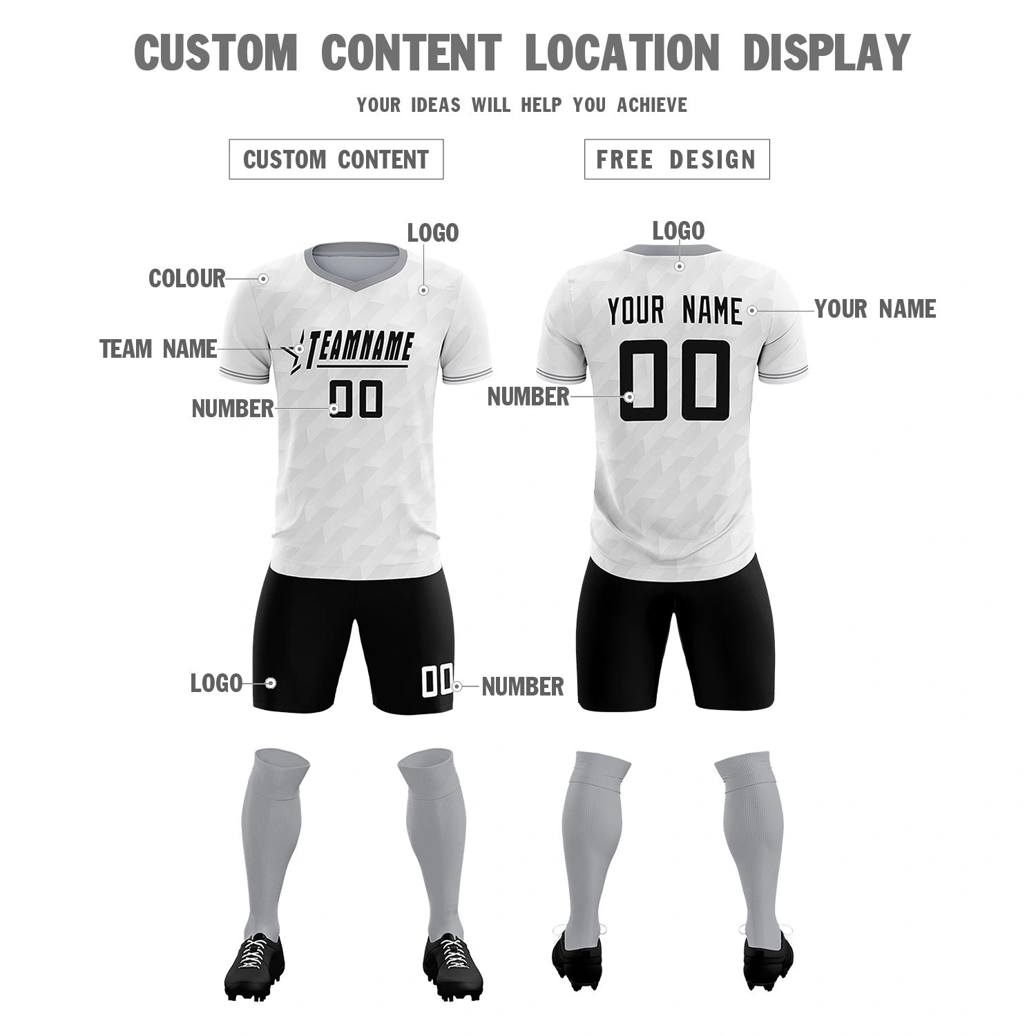Custom White Gray Training Uniform Soccer Sets Jersey