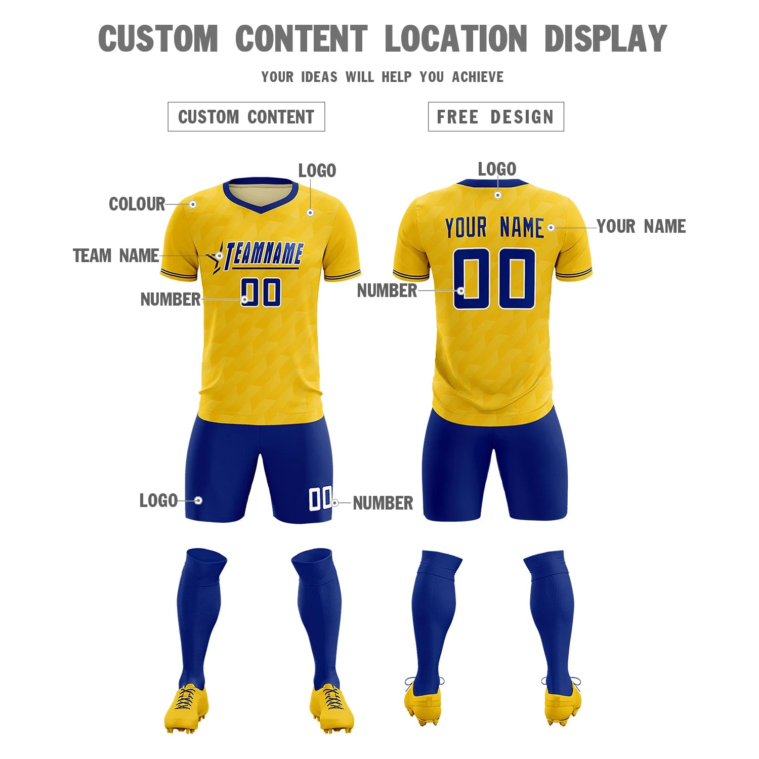 Custom Gold01 Royal Blue Training Uniform Soccer Sets Jersey