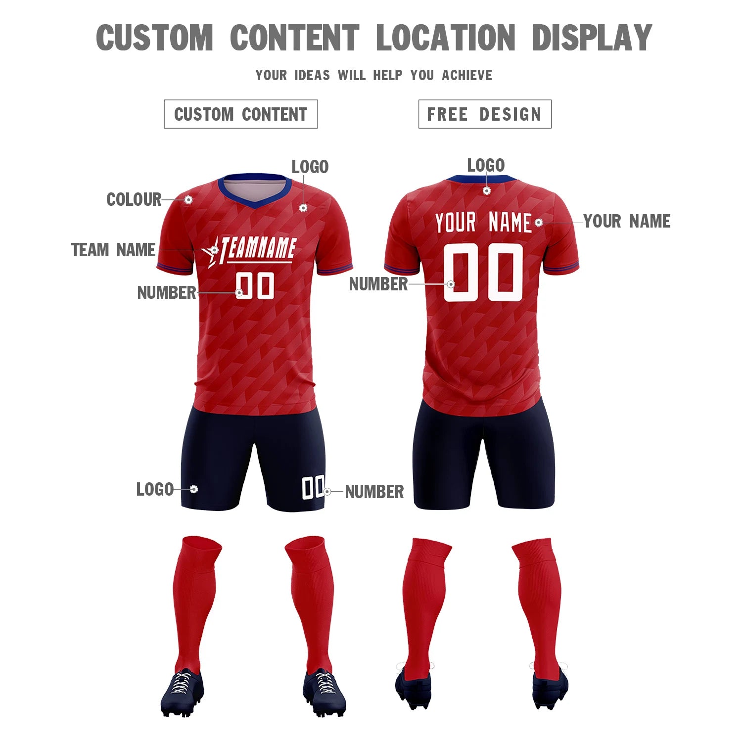 Custom Red Royal Blue Training Uniform Soccer Sets Jersey