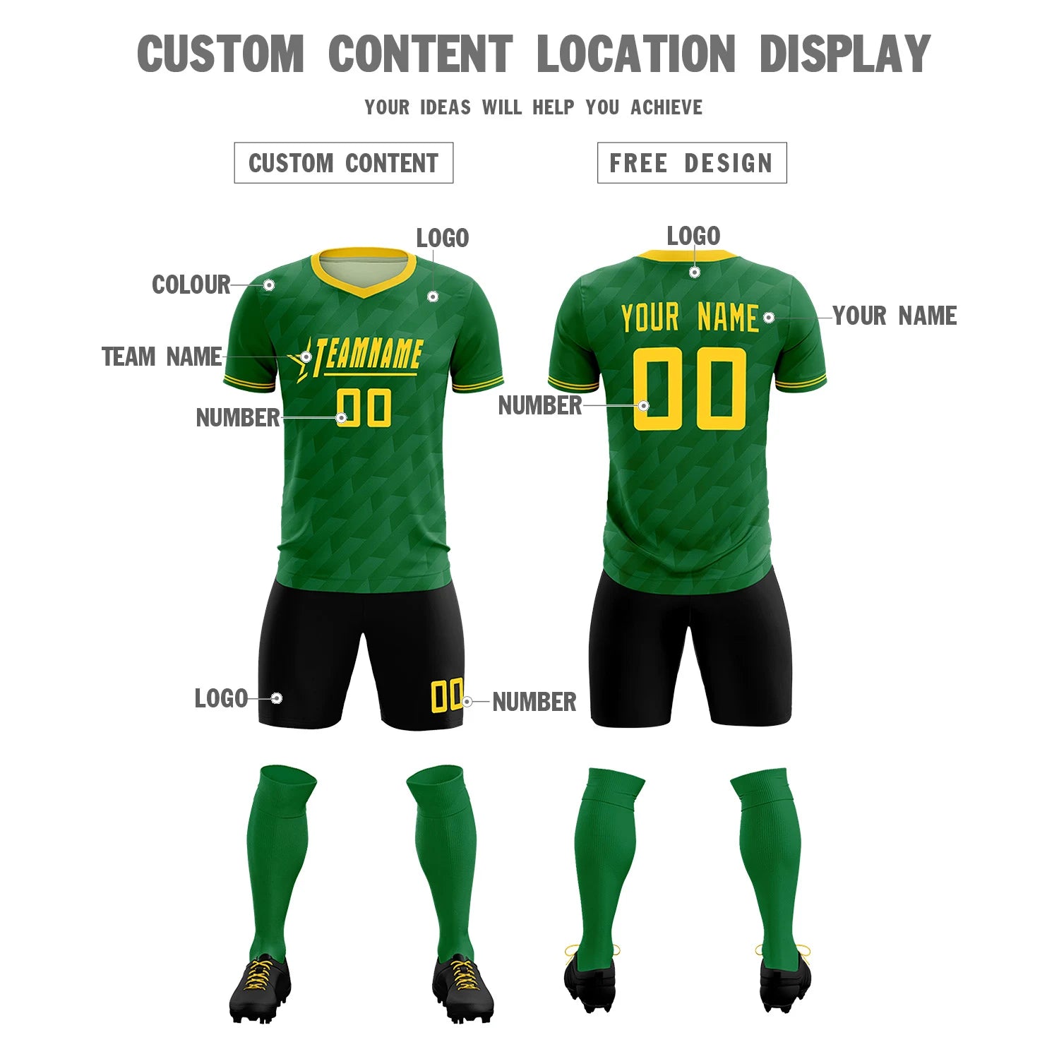 Custom Kelly Green Black Training Uniform Soccer Sets Jersey