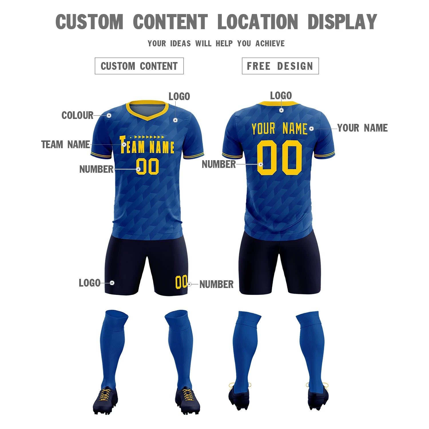 Custom Royal Blue Gold01 Training Uniform Soccer Sets Jersey