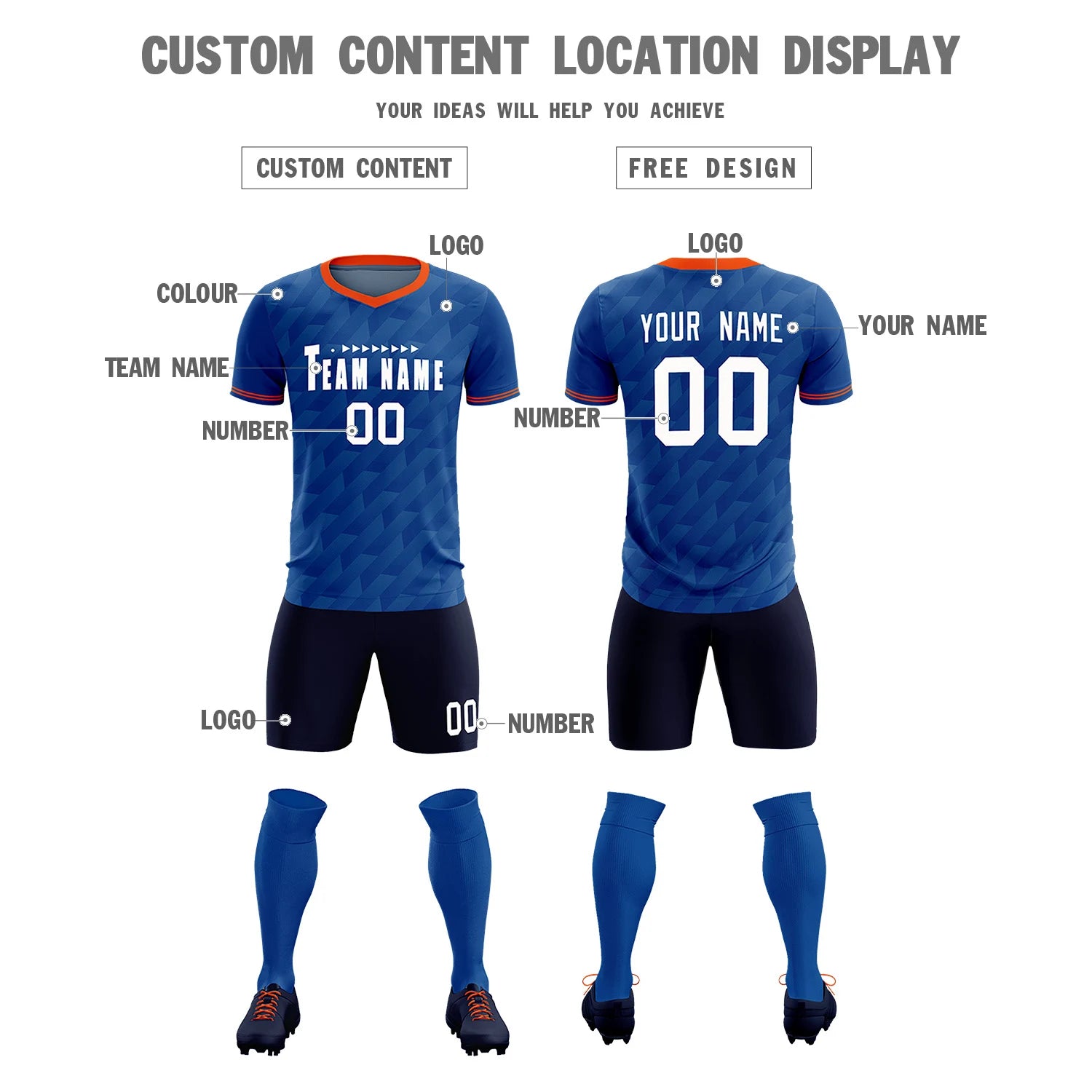 Custom Royal Blue Orange Training Uniform Soccer Sets Jersey