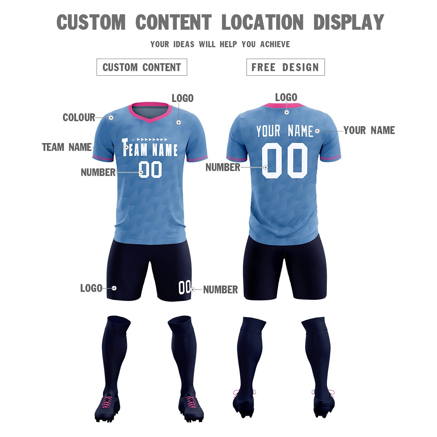 Custom Light Blue Pink Training Uniform Soccer Sets Jersey