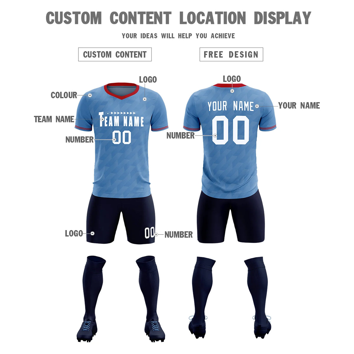 Custom Light Blue Red Training Uniform Soccer Sets Jersey