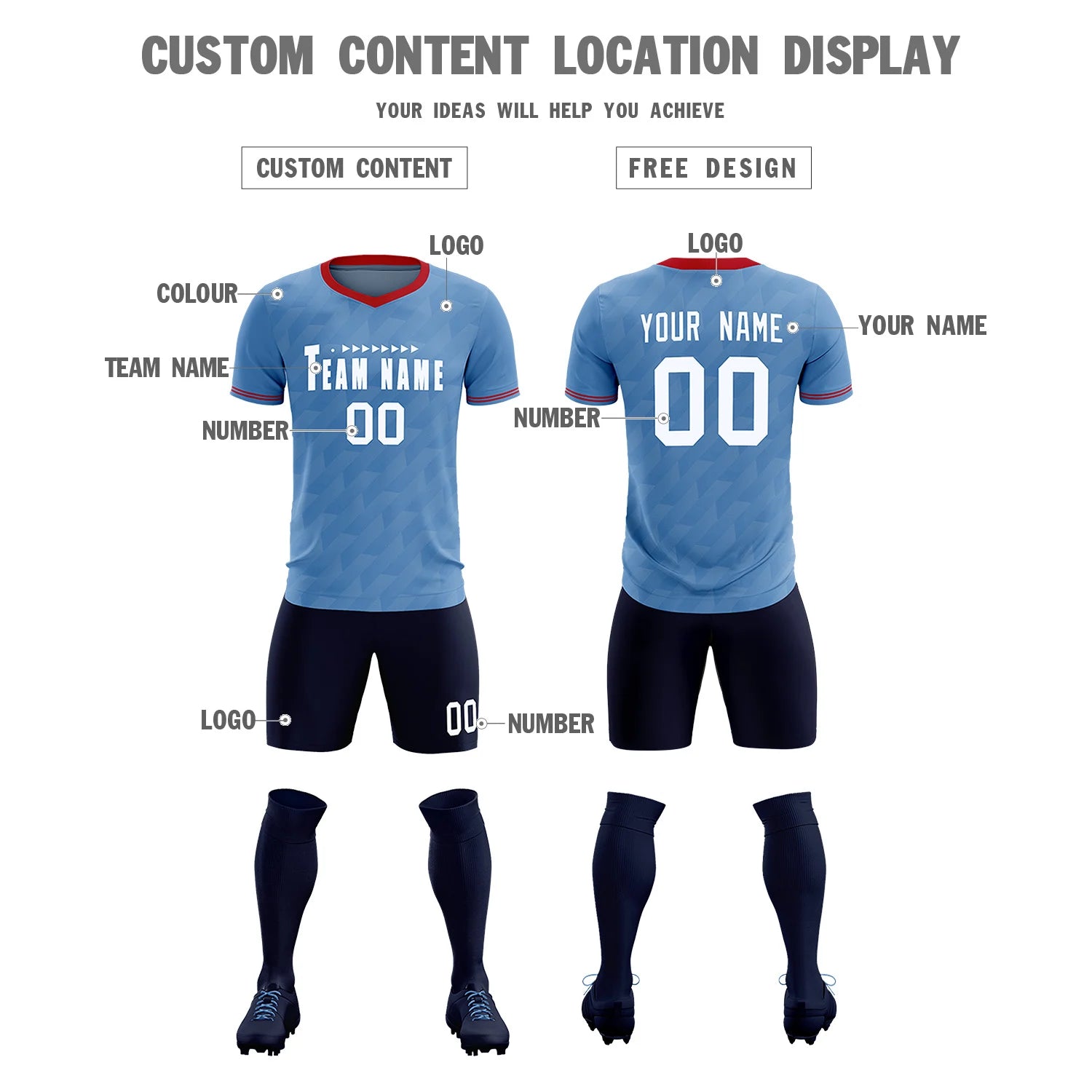 Custom Light Blue Red Training Uniform Soccer Sets Jersey