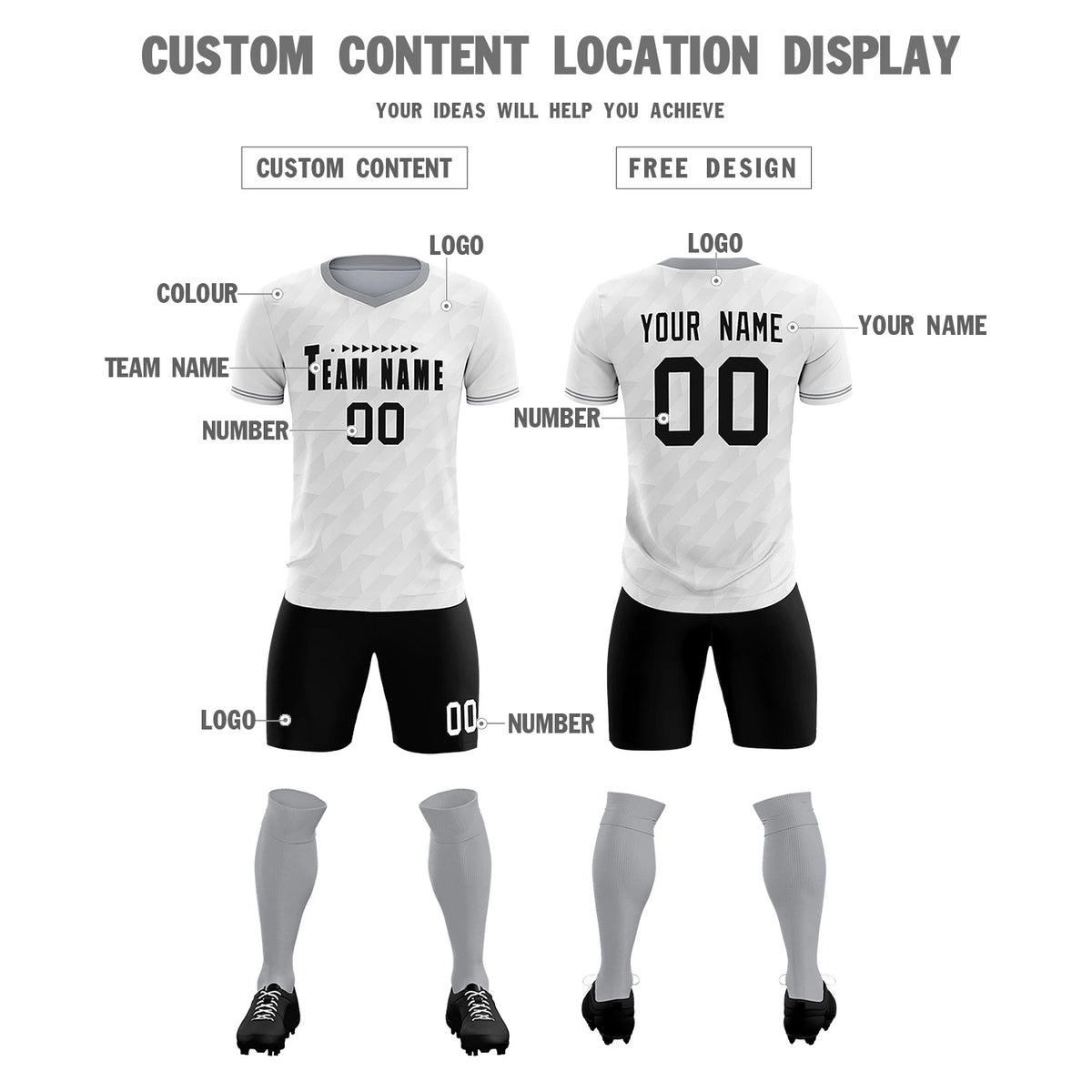 Custom White Gray Training Uniform Soccer Sets Jersey