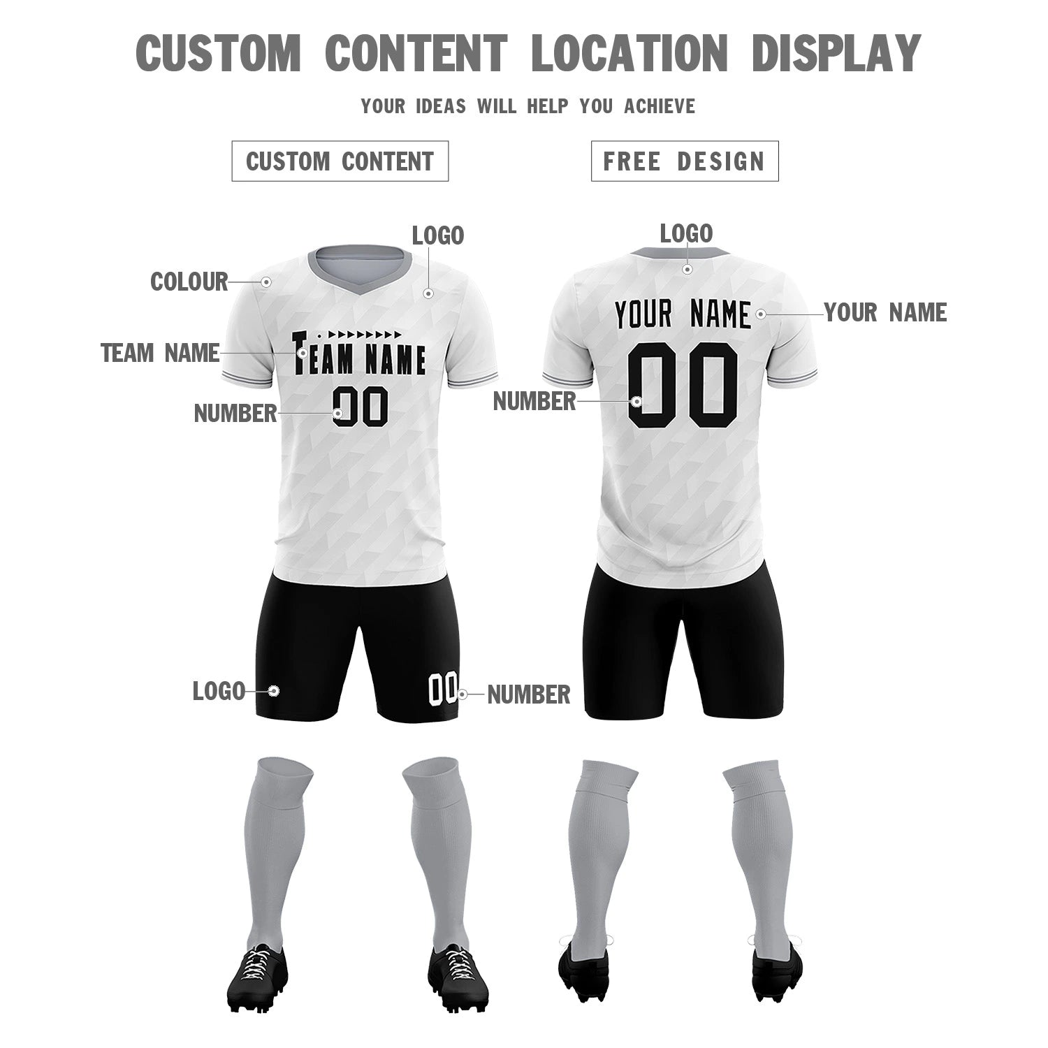 Custom White Gray Training Uniform Soccer Sets Jersey