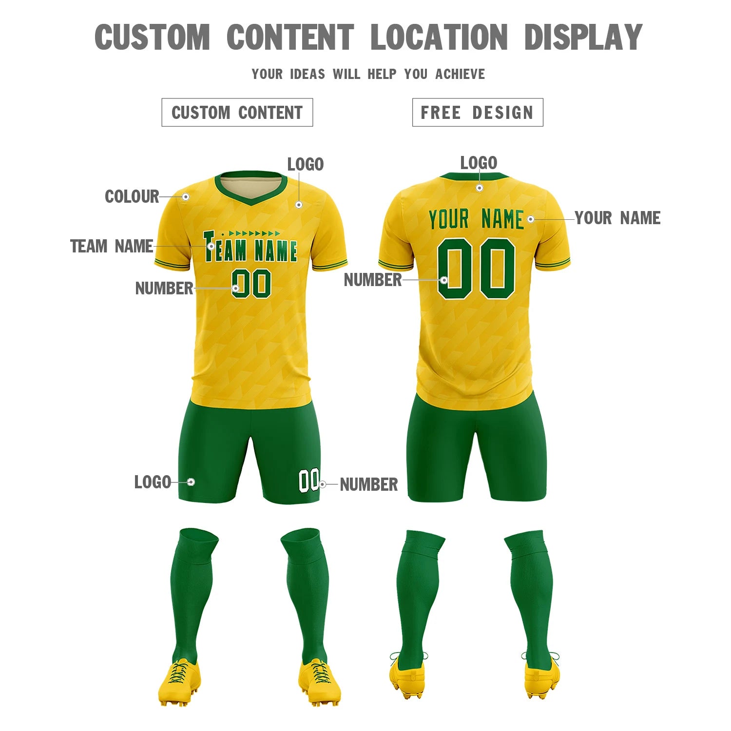 Custom Gold01 Kelly Green Training Uniform Soccer Sets Jersey