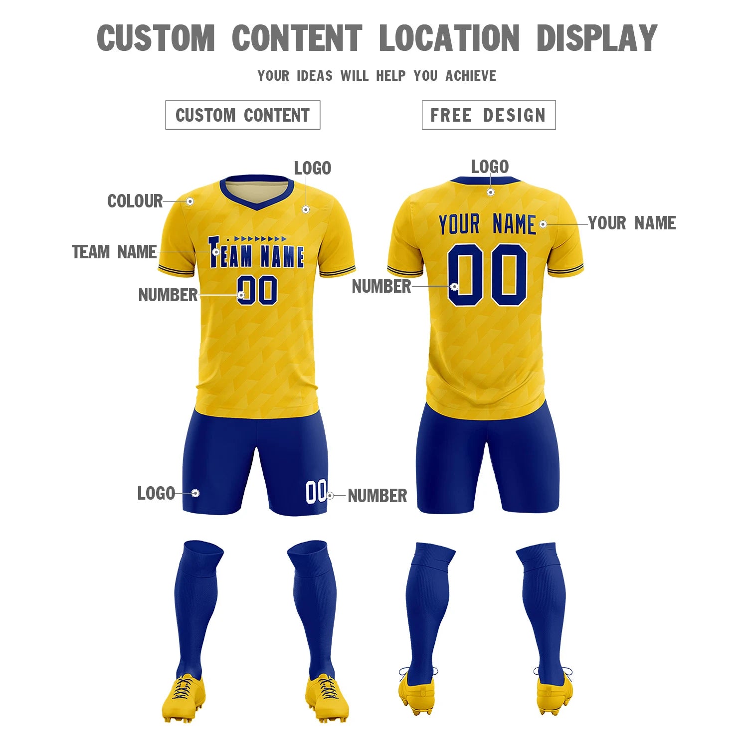 Custom Gold01 Royal Blue Training Uniform Soccer Sets Jersey