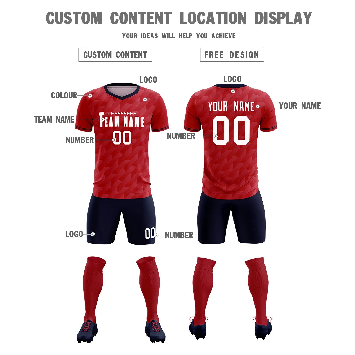Custom Red Navy Training Uniform Soccer Sets Jersey