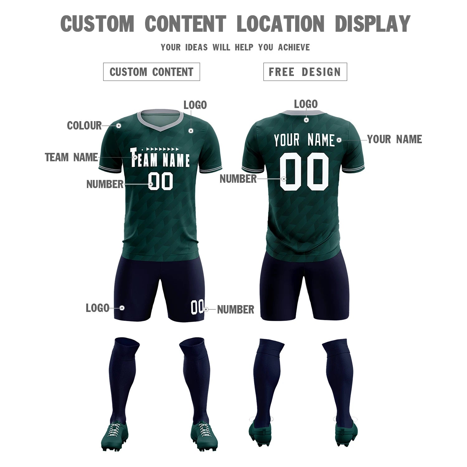 Custom Midnight Green Gray Training Uniform Soccer Sets Jersey