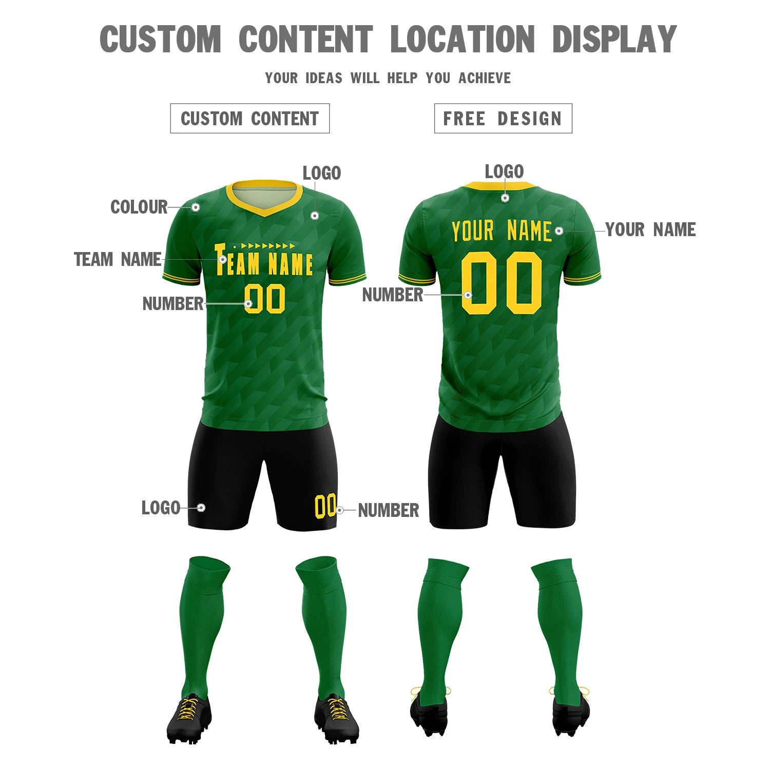 Custom Kelly Green Black Training Uniform Soccer Sets Jersey
