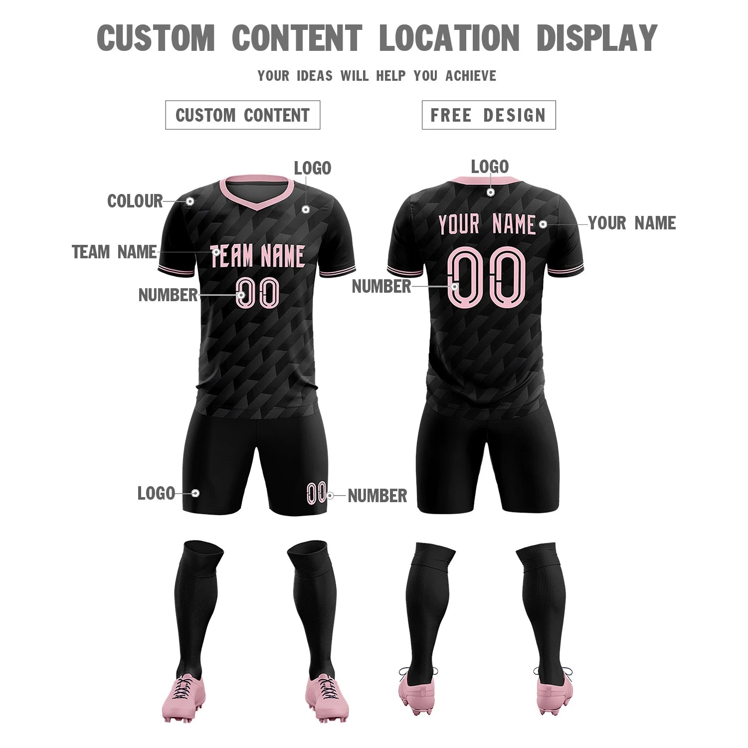 Custom Black Light Pink Training Uniform Soccer Sets Jersey