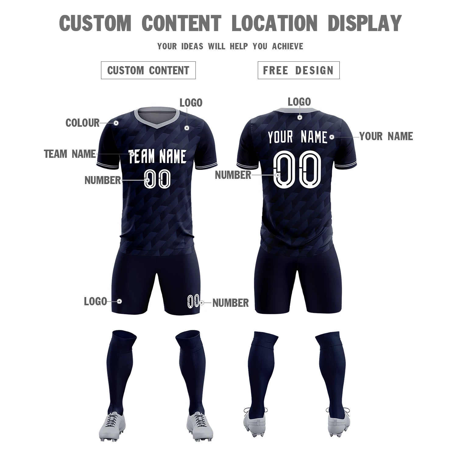 Custom Navy Gray Training Uniform Soccer Sets Jersey