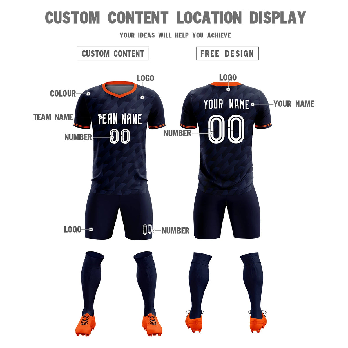 Custom Navy Orange Training Uniform Soccer Sets Jersey