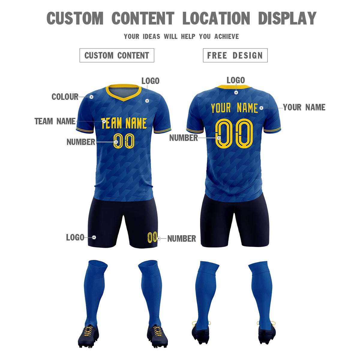 Custom Royal Blue Gold01 Training Uniform Soccer Sets Jersey