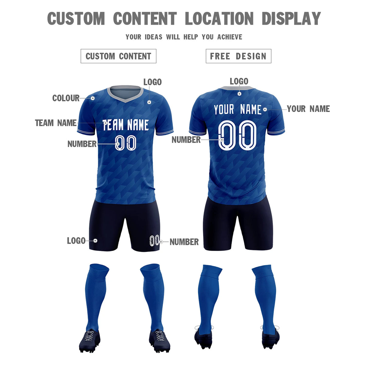Custom Royal Blue Gray Training Uniform Soccer Sets Jersey